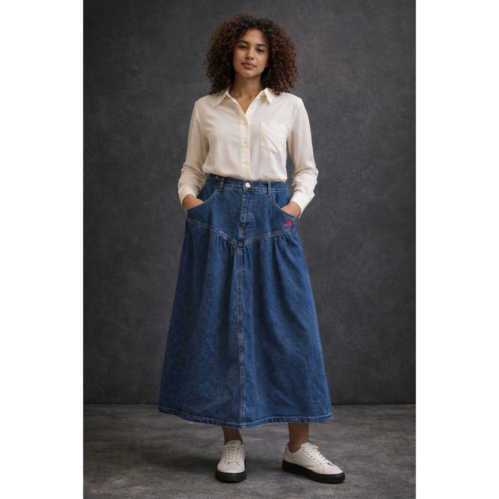 Damson Madder Blue Denim Barrel Baggy Midi Skirt 14 Cotton ALine Western Pleated